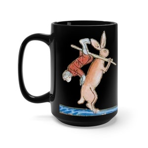 Medieval Hunter Rabbit Black 15oz Ceramic Mug, From Medieval Manuscript, Marginalia, Coffee, Tea