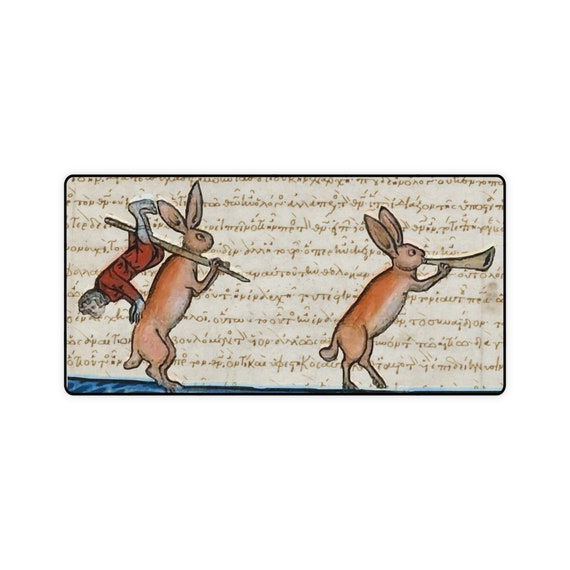 Medieval Hunter Rabbit, 31"x15" Desk Mat, Marginalia From Medieval Manuscript, Historical