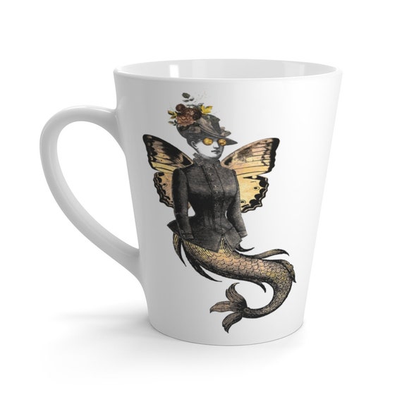 Gold Victorian Butterfly Mermaid White Ceramic Latte Mug, Monty Python Animation Style