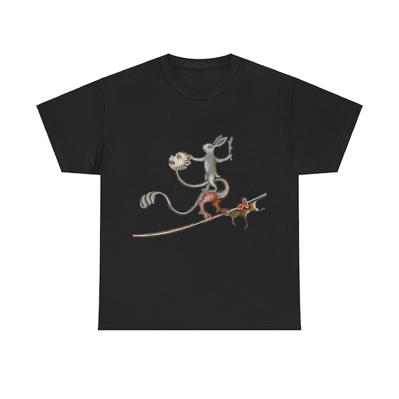Medieval Rabbit Rides Monkey Dragon T-shirt, Dark Colors, From Medieval Manuscript