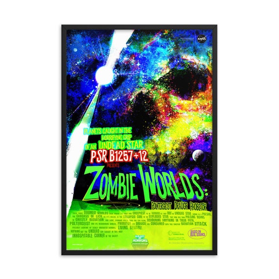 Zombie Worlds, 24" x36" Framed Giclée Poster, Black Wood Frame, Acrylic Covering, Fake Vintage/Retro Style NASA Movie Poster