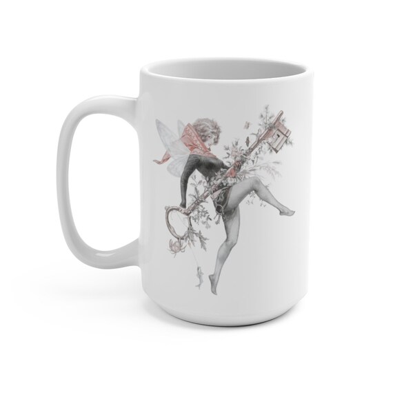 Spring Faerie Key,  White 15oz Ceramic Mug, Vintage Illustration, Coffee, Tea