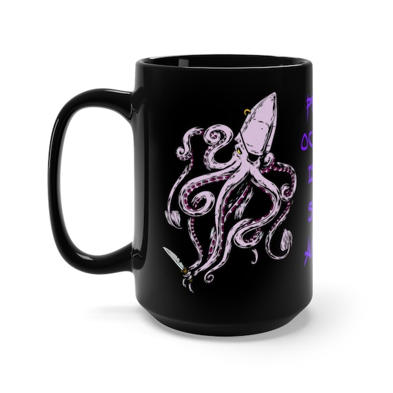Pirate Octopus Is My Spirit Animal, Black 15oz Ceramic Mug, Eye Patch, Gold Earring, Knife, Coffee, Tea