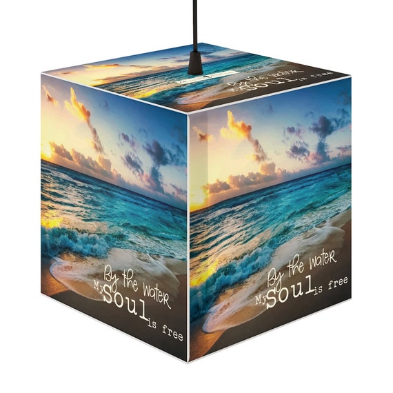 By The Water My Soul Is Free Cube Lamp, Beach, Ocean, Sunset, Waves, Spiritual, Inspirational