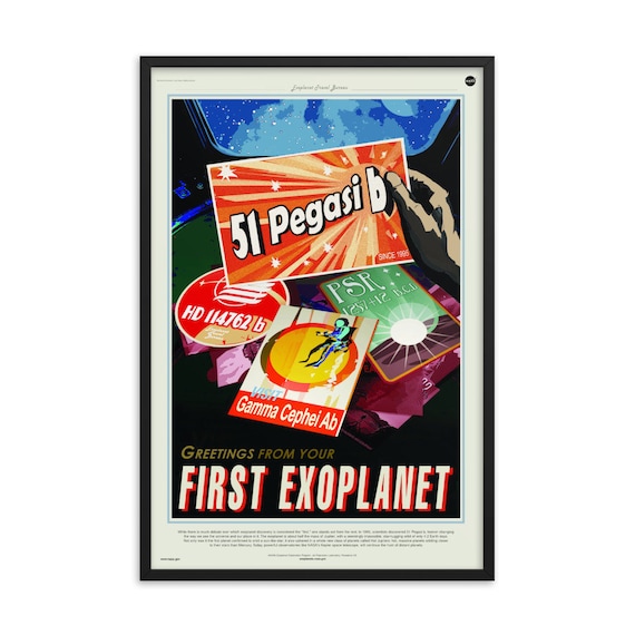 Exoplanet Travel Bureau #2 of 7, 24" x36" Framed Giclée Poster, Black Wood Frame, Acrylic Covering, Fake Retro Style NASA Travel Poster