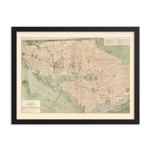 Washington DC 1892 Karte, 24 "x 18" gerahmt Giclée Poster, schwarze Holzrahmen, Acryl-Abdeckung, Zimmer Dekor