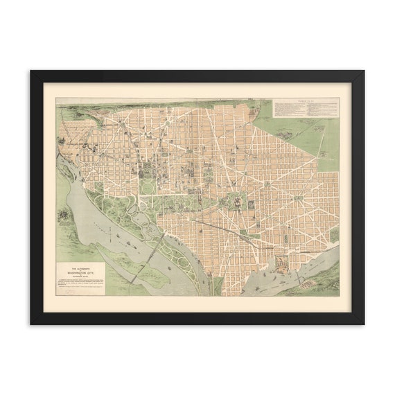 Washington DC 1892 Map, 24" x 18" Framed Giclée Poster, Black Wood Frame, Acrylic Covering, Room Decor