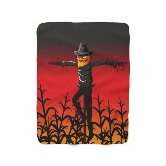 Scarecrow In Wheat Field Sherpa Fleece Blanket, Jack-O-Lantern, Halloween, All Hallows Eve