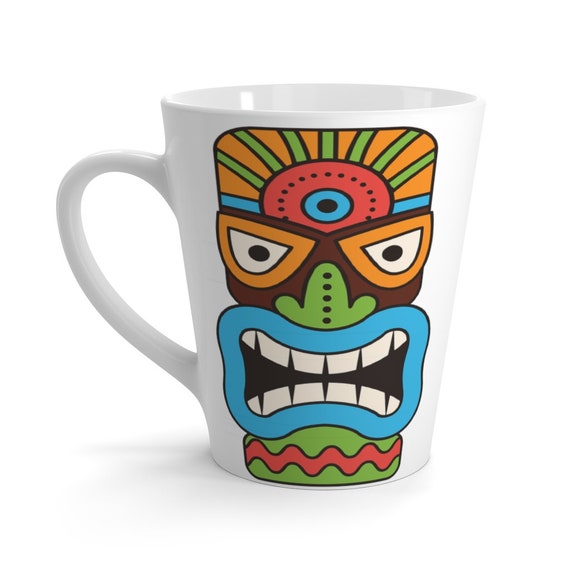 Tiki Mask 12oz Ceramic Latte Mug, Retro, Vintage, Polynesia