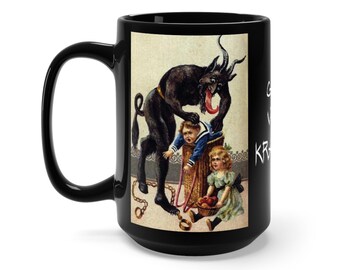 Krampus Christmas Mug: Vintage German Postcard Design, 15oz Black Ceramic