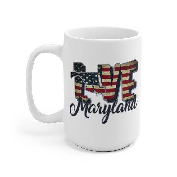 I Love Maryland, Large White Ceramic Mug, Vintage Retro Flag, Patriotic, Patriotism, United States, Coffee, Tea