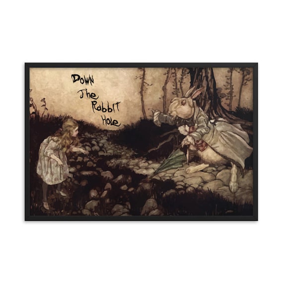 Down The Rabbit Hole, Framed Giclée Poster, Black Wood Frame, Acrylic Covering, Arthur Rackham, White Rabbit, Alice In Wonderland