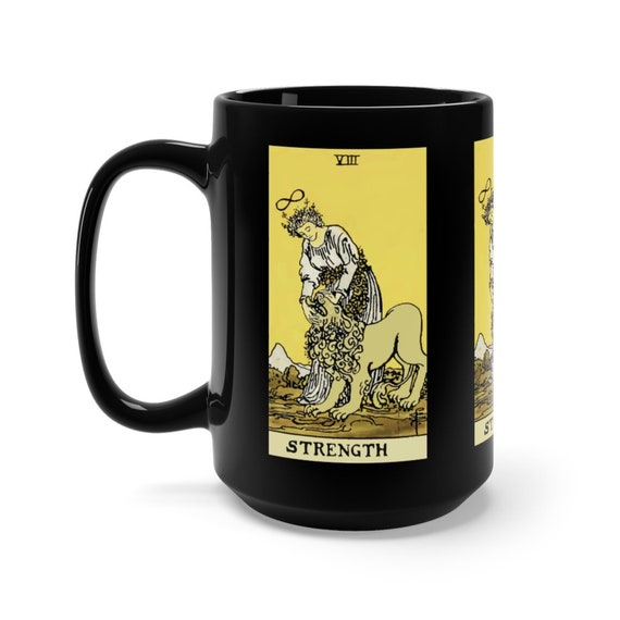 Strength, Black 15oz Ceramic Mug, Tarot Card, Major Arcana, From Vintage Rider-Waite Deck, Coffee, Tea