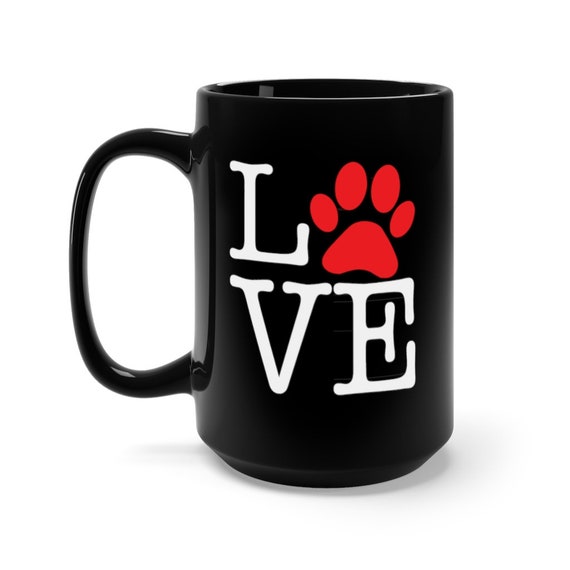 Love Paw Print, Black 15oz Ceramic Mug, I Love Dogs, I Heart Dogs, Coffee, Tea