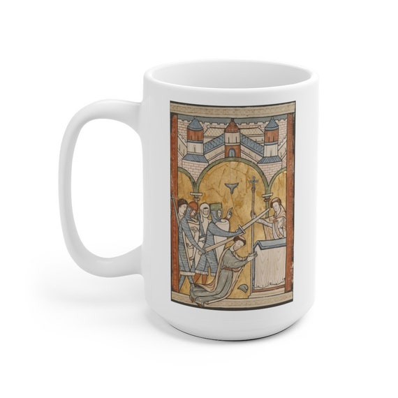 The Murder Of Thomas Becket, 15oz White Ceramic Mug, 12th Century Illuminated Manuscript, Saint Thomas of Canterbury, Christian Religion