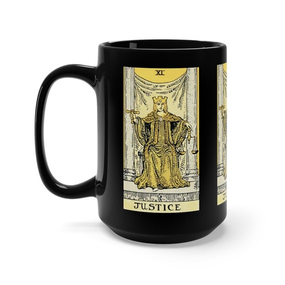 Justice, Black 15oz Ceramic Mug, Tarot Card, Major Arcana, From Vintage Rider-Waite Deck, Coffee, Tea