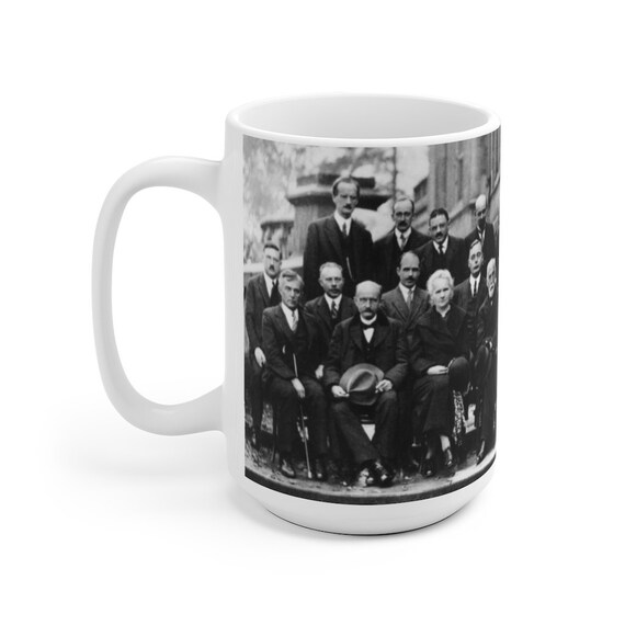 1927 Solvay Council Conference Large White Ceramic Mug, Einstein, Bohr, Curie, Heisenberg, Schrödinger, Physics, Chemistry, Science