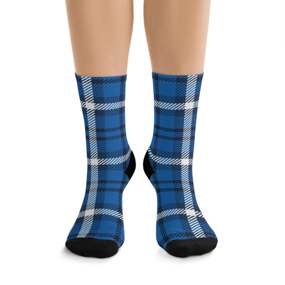 Blue, White & Black Plaid Premium Crew Socks, One Size Fits Most