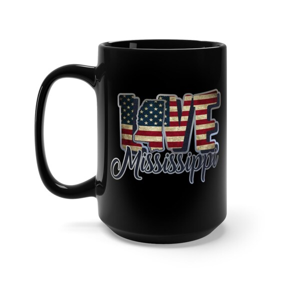 I Love Mississippi, Large Black Ceramic Mug, Vintage Retro Flag, Patriotic, Patriotism, United States, Coffee, Tea