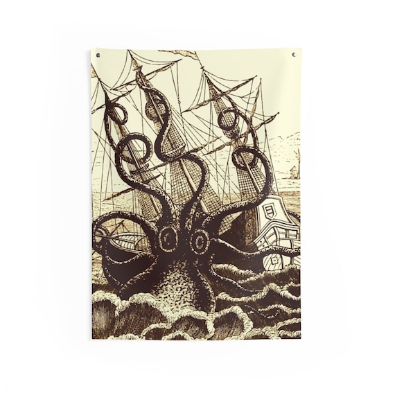 Kraken Attacks Ship, Indoor Wall Tapestry, Vintage, Antique Illustration, Pierre Denys de Montfort, 1801, Wall Decor, Room Decor