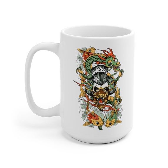 Yokai & Dragon Large White Ceramic Mug, Vintage Retro Style Design, Japanese Folklore, Coffee, Tea