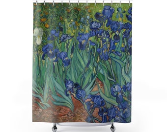 May include: A shower curtain featuring a painting of a field of blue irises with green leaves. The painting is in the style of Vincent van Gogh.
