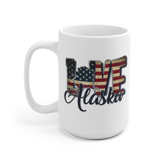 Love Alaska, Large White Ceramic Mug, Vintage Retro Flag, Patriotic, Patriotism, United States, Coffee, Tea