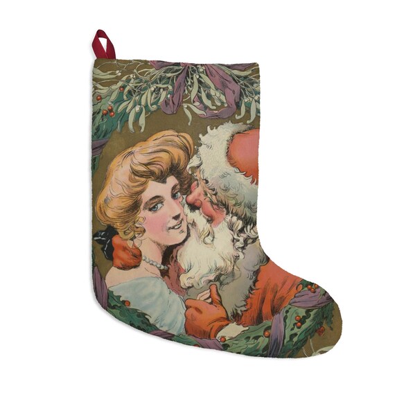 Santa And Mother Under The Mistletoe, Christmas Stocking, Vintage Drawing, Antique Postcard Circa 1905, XMAS Gift