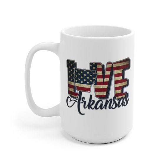 Love Arkansas, Large White Ceramic Mug, Vintage Retro Flag, Patriotic, Patriotism, United States, Coffee, Tea