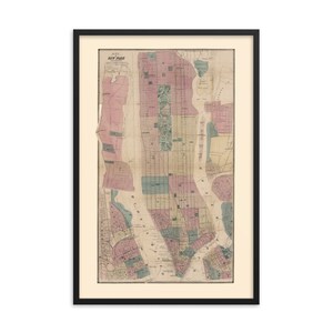 New York City 1867 Carte, 24 » x 36 » Encadré Giclée Affiche, Cadre en bois noir, Revêtement acrylique, Americana, Décor de chambre