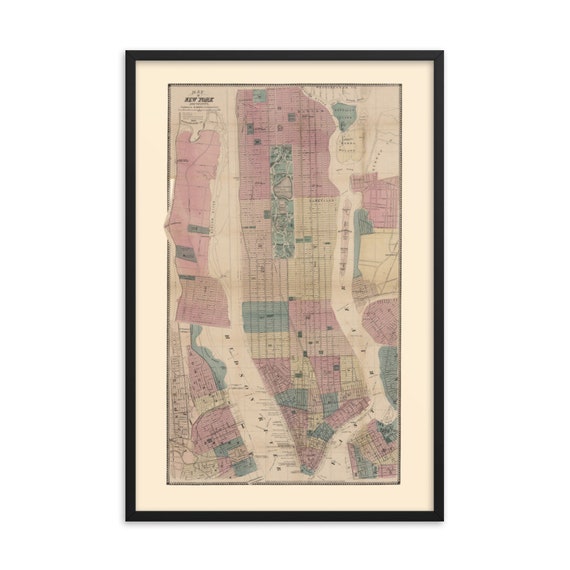 New York City 1867 Map, 24" x 36" Framed Giclée Poster, Black Wood Frame, Acrylic Covering, Americana, Room Decor