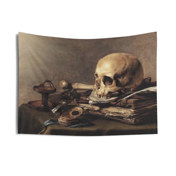 Skull Looking Left, 36"x26" Indoor Wall Tapestry, Vanitas Still Life, Wall Decor, Room Decor