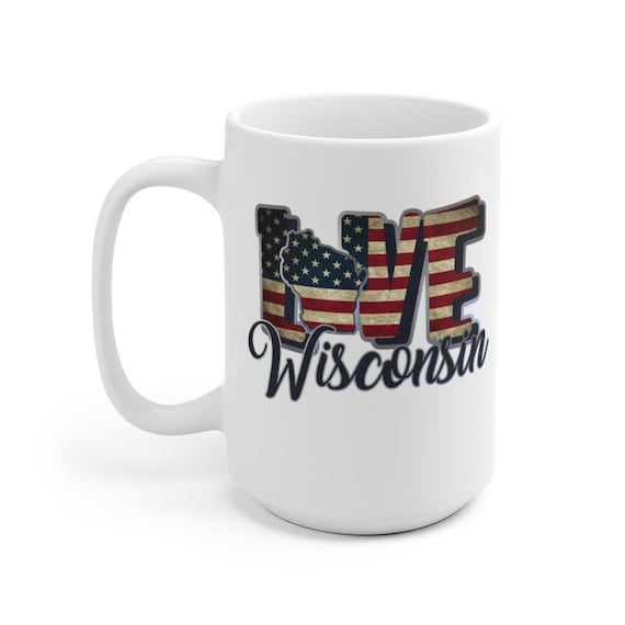 I Love Wisconsin, Large White Ceramic Mug, Vintage Retro Flag, Patriotic, Patriotism, United States, Coffee, Tea