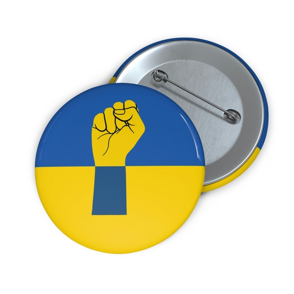 Flag Of Ukraine with Resistance Fist, 2" Pin Button, Stand With Ukraine, Ukrainian Pride