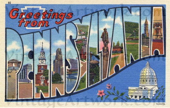 Greetings From Pennsylvania Postcard Front, Digital Download, Curt Teich & Co. Publisher,  1937, Americana