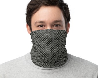 May include: A black and silver face mask with a chainmail pattern.