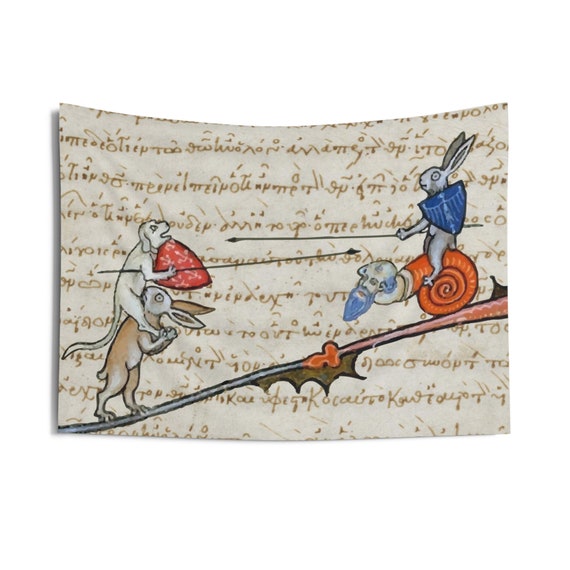 Medieval Jousting Rabbit, 36"x26" Tapestry, Marginalia From Medieval Manuscript, Historical