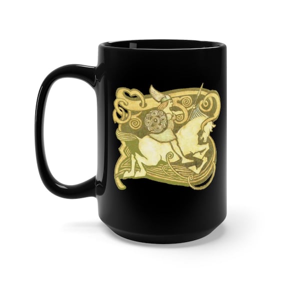 Galloping Valkyrie, Black 15oz Ceramic Mug, Arthur Rackham, Norse Mythology, Coffee, Tea