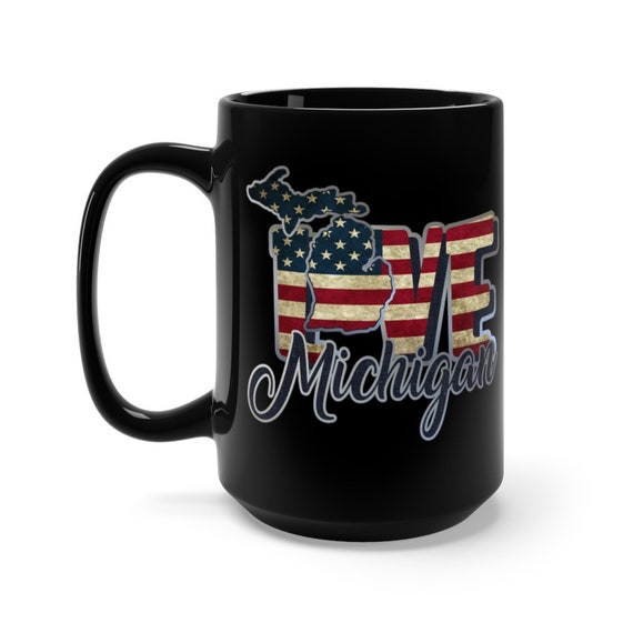 I Love Michigan, Large Black Ceramic Mug, Vintage Retro Flag, Patriotic, Patriotism, United States, Coffee, Tea