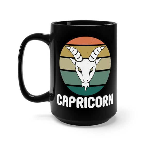 Capricorn, Black 15oz Ceramic Mug, Horned Goat's Head, Retro Vintage Style, Zodiac Sign, Astrology Gift, Coffee, Tea