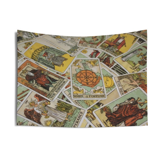 Tarot Card Tapestry Focusing On Wheel Of Fortune, Major & Minor Arcana From A Vintage Rider-Waite Deck