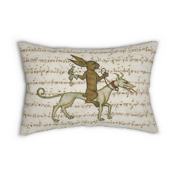 Medieval Rabbit With Pet Snail Lumbar Pillow, From Medieval Manuscript, Marginalia