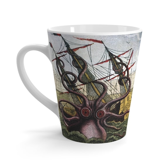 Kraken Attacks! 12oz Ceramic Latte Mug, Octopus, Giant Squid, Sea Monster, Leviathan, Vintage