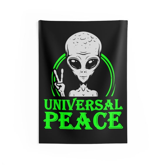 Universal Peace 26"x36" Indoor Wall Tapestry, Gray Alien Peace Sign, Anti-war, Activism, Unity, Room Decor