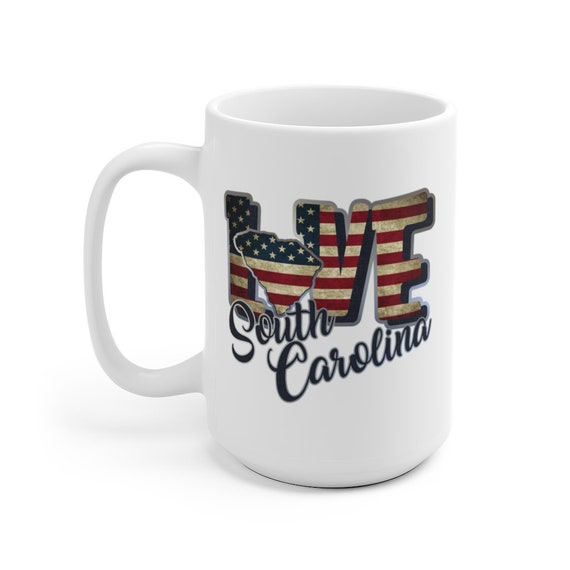 I Love South Carolina, Large White Ceramic Mug, Vintage Retro Flag, Patriotic, Patriotism, United States, Coffee, Tea