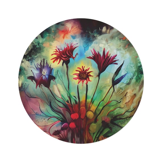 Dramatic Bouquet, 5ft Round Rug, Colorful Vibrant Floral Arrangement