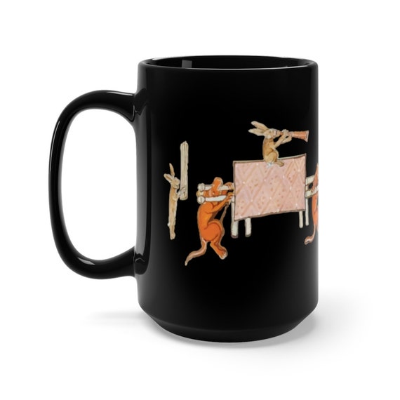 Medieval Rabbit Religious Procession Black 15oz Ceramic Mug, From Medieval Manuscript, Marginalia, Coffee, Tea