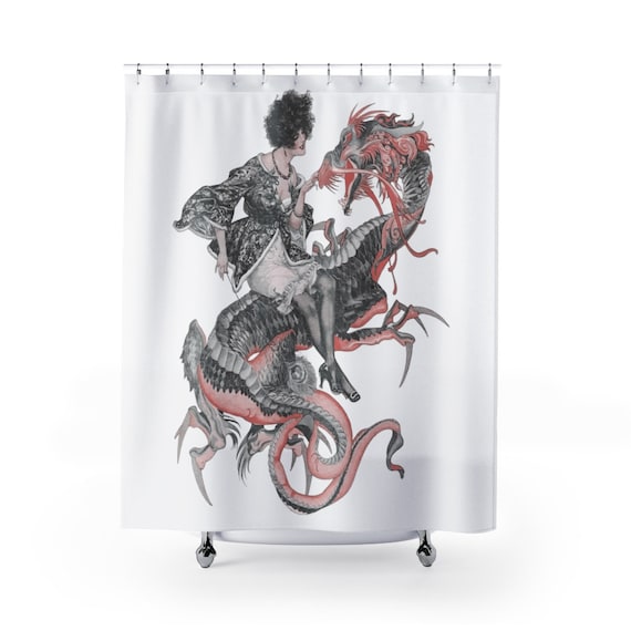 Lady Dragon Rider - Polyester Shower Curtain With An Image Of A Woman Riding A Dragon From An Antique Vintage Illustration, Circa 1920.