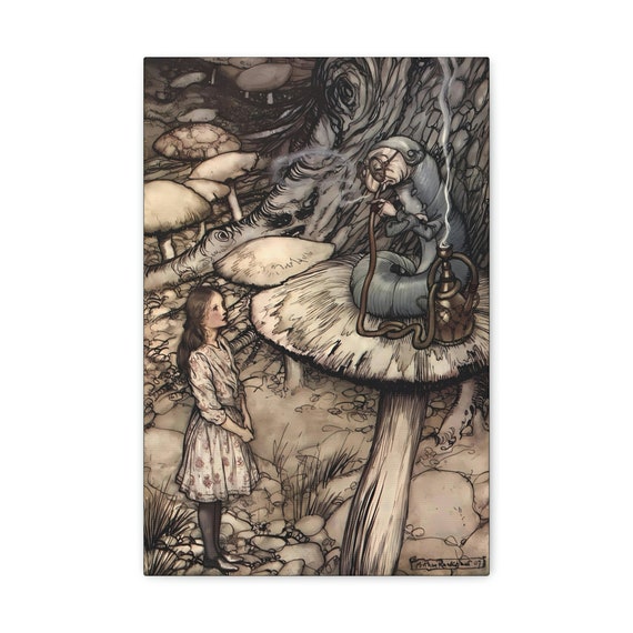 Alice Meets The Caterpillar, 12"x18" Canvas Print, Wonderland, Arthur Rackham, Vintage Illustration, 1907