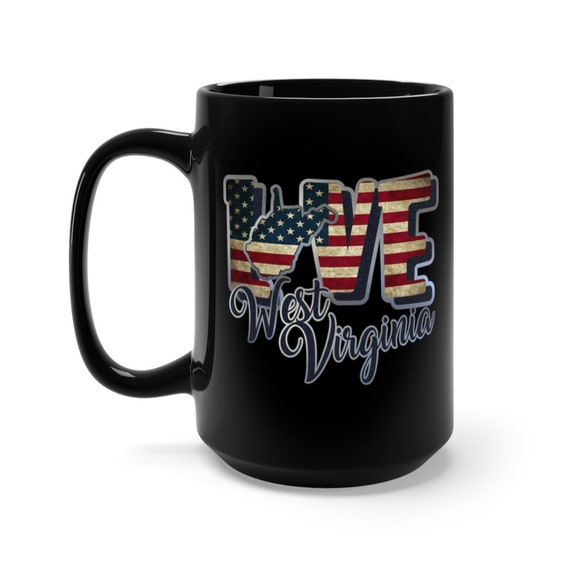 I Love West Virginia, Large Black Ceramic Mug, Vintage Retro Flag, Patriotic, Patriotism, United States, Coffee, Tea